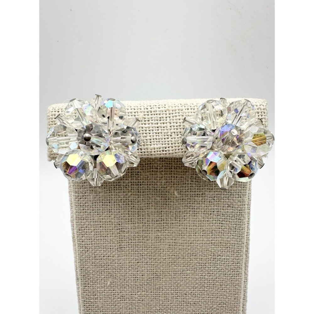 Vintage AB Aurora Borealis Faceted Clear Glass Crystal Cluster Earrings